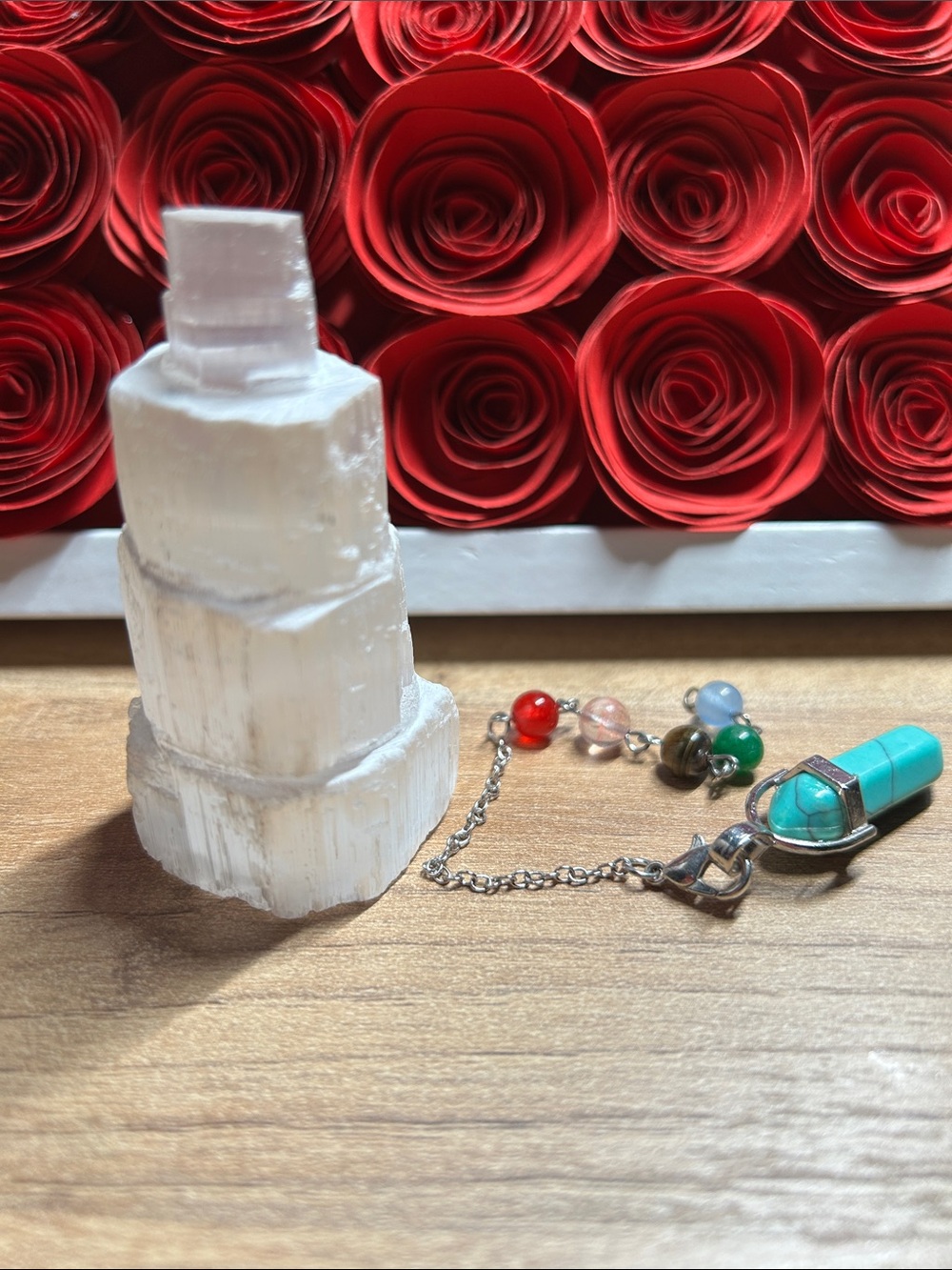 Selenite Crystal Tower with Seven Chakra Gemstones and blue charm. - Picture 3 of 3